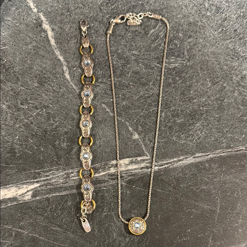 Brighton necklace & bracelet set, silver with gold accent and blue stones